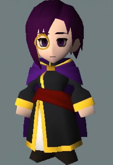 masterpiece, best quality, solo, 1boy, looking at viewer, <lora:FF7-Chibi-illus_Fp:1>, full body, simple background, 3d, chibi, <lora:canas-ilxl-t1:1>, black robes, purple cape, purple eyes, purple hair, short hair, red sash, gold trim, bangs, monocle,