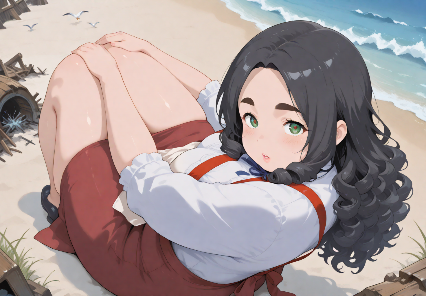 IllusP0s, PonyScores7, source_anime, ah1, IllustriousQual, interesting, exciting, spectacular, wonderful, amazing quality, absolutely eye-catching,
BREAK <lora:xl_more_art-full_v1:0.2>, <lora:aesthetic_anime_v1s:0.2>, <lora:detailxl:0.2>, detailxl, amazing quality, best aesthetic, absurdres, illustration, Volumetric_Lighting, ultra-detailed, very aesthetic, intricate details, best_quality, lazympos, <lora:Add_Details_v1.2:0.4>, <lora:quality_modifiers_masterpieces_v1:0.2>, anime style, <lora:HDA_Detailer:0.3>, <lora:natsumi_style:0.2>, <lora:by_usakun-pony:0.2>, by usakun, <lora:Akina_Bbw_Style_-_PonyXL:0.2>, AkinBw,
BREAK (((Sitting, on the ground, hugging knees to the chest))), dynamic pose, foreshortening, extreme perspective,
BREAK 1girl, mature female, (curvy), round-chin, caucasian, <lora:ETO_OC_Illustrius:0.5>, eto_oc, skindentation, (plump), thick thighs, wide hips, busty, voluptuous, round ass, large breasts, <lora:plussizegirls_IL:0.3>, <lora:plussizegirls_pony:0.3>, <lora:shinyskin2:0.2>, glistening skin, HDA_FatGirlXL, <lora:perfection style:0.2>, perfection style, perfection, 
BREAK ((National dress of Czech Republic, Krojetraditional Czech clothing varies by region but often includes a dress or skirt with apron, blouse, and shawl for women, and trousers with a jacket for men)),
BREAK (curly hair), long hair, (black hair:1.4), (parted hair:1.7), messy hair, kinky curls, detailed hair, <lora:hairdetailpxl:0.2>, hairdetailpxl,
BREAK (half green and brown eyes), (colorful eyes), (multicolored eyes), (downturned eyes:1.4), expressive eyes, perfect eyes, eyes hd, detailed eyes, (round face:1.2), (thick eyebrows:1.3), (plump face), lips, <lora:Round_face:0.2>,
BREAK (((with an elegant poised look expression))), Expressive, emotional, looking at viewer, Face Detailed, <lora:Expressive_H:0.2>, Expressiveh, <lora:Emotional_Anime_Expressions_PonyXL_Concept:0.2>, emotional, <lora:Best_Facial_Expression_LoRA_PONY:0.2>, looking at viewer, <lora:Detailed expressive EXEV style -XL Pony V1.0:0.2>, FaceDetail, <lora:Best_Facial_Expression_Helper_XTREME_ILLU:0.4>, kaogei,
BREAK (((A beach lined with sea grass and driftwood, Waves crash onto the shore, creating a symphony of sound, Seagulls cry overhead, while a selkie sheds her skin and transforms into a human form A shipwreck lies further down the beach, its timbers bleached by the sun In the distance, a sea serpent slithers through the waves, searching for prey))), (((High-Speed Photography shot))), 4k, 8k, Ultra HD, Masterpiece, Best quality, Detailed background, full_details, <lora:AddMicroDetails_Illustrious_v3:0.2>, addmicrodetails,