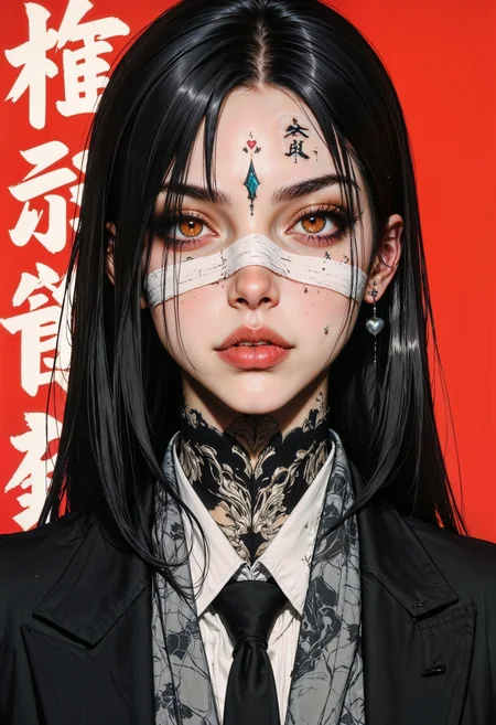a highly detailed digital illustration in a cyberpunk or futuristic style. The subject is a young woman with pale, almost ghostly skin and striking red eyes that dominate her face. Her long, black hair is slicked back, and she has a series of small, intricate tattoos on her forehead, including Japanese characters and a small, stylized heart. She has a bandage over her nose, adding to her edgy, rebellious look.
Her makeup is dramatic, featuring thick, black eyeliner and mascara that accentuate her eyes, along with a glossy pink lipstick. She is wearing a black suit jacket over a white shirt, with a black tie that adds to her professional yet alternative appearance. Around her neck is a high-collared, patterned scarf in shades of gray and black, adding a layer of texture and depth to her outfit.
Her earrings are small, black heart-shaped studs, and her overall look is completed with a black choker necklace. The background is a bold red with white, stylized Japanese characters on the left side, adding to the graphic and modern aesthetic of the image. The illustration captures a blend of elegance and rebellion, with a strong focus on bold contrasts and striking visual elements.