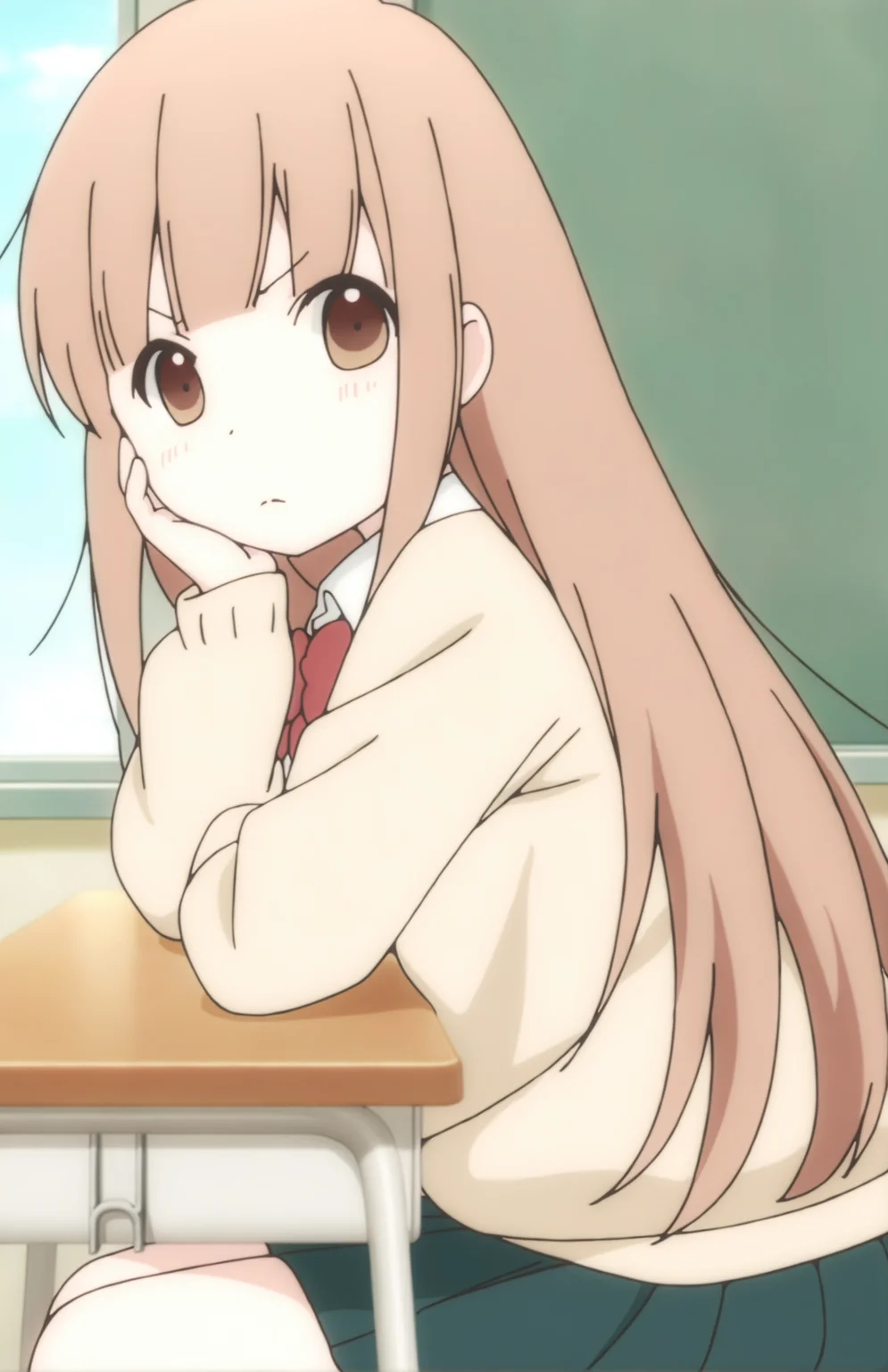 MiyanoTan, 1girl, solo, long hair, brown hair, brown eyes, school uniform, beige top, bow, green skirt, side view, classroom, sitting at table, looking at viewer, annoyed, hand on cheek, day
