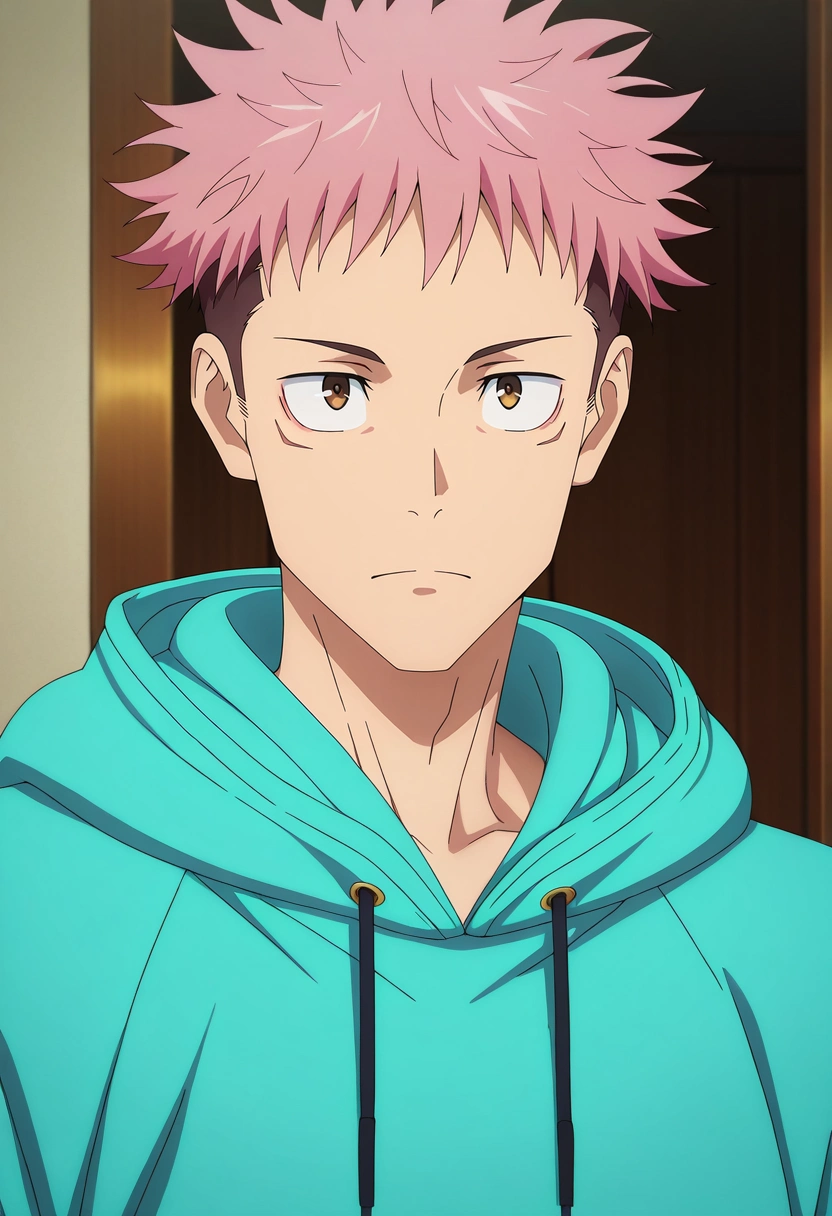 masterpiece, best quality, intricate details, , , anime screencap, anime coloring, official style, 1boy, solo, male focus, <lora:yuuji_itadori_ilxl:0.96>, yuuji_itadori, pink hair, brown eyes, short hair, undercut, spiked hair, hoodie,