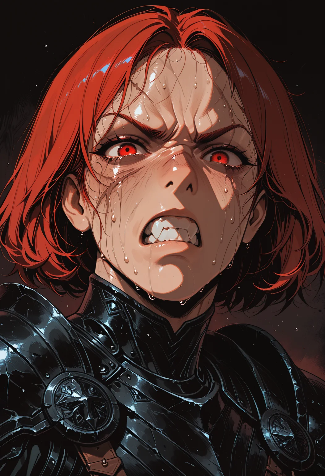 embedding:IllusP0s, codex sss chroma
1girl, solo, close-up, looking_at_viewer, armor, red_hair, short_hair, angry, clenched_teeth, baring_teeth, sweat, scar, scar_on_face, black_armor, dark_background
