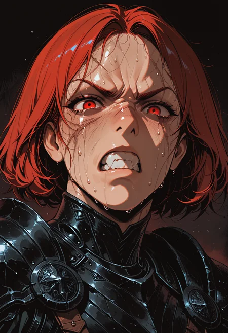 embedding:IllusP0s, codex sss chroma
1girl, solo, close-up, looking_at_viewer, armor, red_hair, short_hair, angry, clenched_teeth, baring_teeth, sweat, scar, scar_on_face, black_armor, dark_background