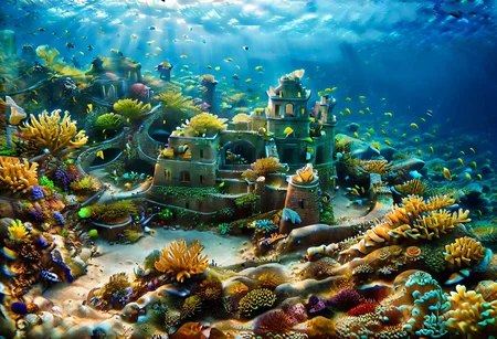 underwater scene, ancient ruins of a merfolk civilization, diagonal god rays, coral structures, stone buildings, colorful fish, lost civilization ruins, sea creatures in underwater gardens, soft glow, filtered surface light, atlantis, concentric islands, otherworldly metropolis, utopian society, lush vegetation engulfing ancient ruins, leafsheep, sea slug