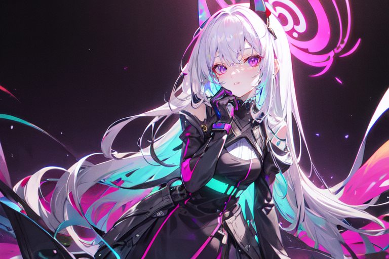 (otherworldly), highly insanely detailed, masterpiece, top quality, best quality, highres, 4k, 8k, RAW photo, (very aesthetic, beautiful and aesthetic), farm, fields, barn, fence, fantfa, <lora:FantasyFarm-10:0.5>, 
1girl, 
(silver hair ), 
(pure purple background,pure magenta background ,gradient background,solid color,solid color background,multicolored background,neon color),âââ
