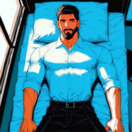 <lora:Flat_Lined_Illustrious:.9> ((flat colors, black outline)), white shirt, black pants, cowboy shot, bed, lying on bed, spread legs, bed sheet, sun ray, window, from above, orange ray, 
(very short hair, beard, bara, mature, facial hair, stubble, beard, full beard, sideburn, beard, a lot of beard, ), facial hair,male focus, muscular male, muscular male, bara, mature,  bara, mature, aixiwuganda_(20222192), very awa, masterpiece, best quality, absurdres, newest, perfect quality, detailed background, intricate details,
<lora:slider_Body Type_alpha1.0_rank4_noxattn_last:3><lora:style_Anime Summer Days 2 Style SDXL_LoRA_Pony Diffusion V6 XL:.6><lora:slider_cfg_scale_boost:.7><lora:face_Artist6p-10:.55>, Artist6p, Artist04p,<lora:slider_il_brightness_slider_d1:-1><lora:slider_il_contrast_slider_d1:-1><lora:slider_DarkSlider1.2_alpha1.0_rank16_full_300steps:-.6>