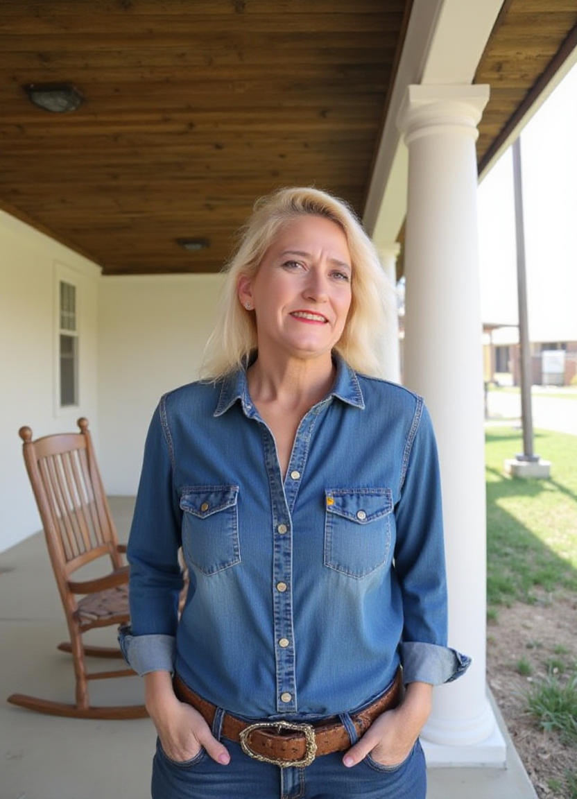 SFW, The image is a portrait of a woman standing on a porch with a wooden pergola. She is wearing a denim shirt with a button-down collar and blue jeans. She has a brown belt around her waist and her hands are in her pockets. The woman has e hair styled in loose waves and is looking off to the side with a slight smile on her face. In the background, there is a wooden rocking chair and a white wall with a window. The sky is blue and the grass is green, suggesting that the photo was taken during the day., aidmaimageupgrader<lora:flux\custom\adult\amber-conners.safetensors:1.0:1.0> <lora:turbo-8-step-flux.safetensors:0.5:0.5> <lora:flux\style\Common\aidmaImageUprader-FLUX-v0.3.safetensors:0.25:0.25>