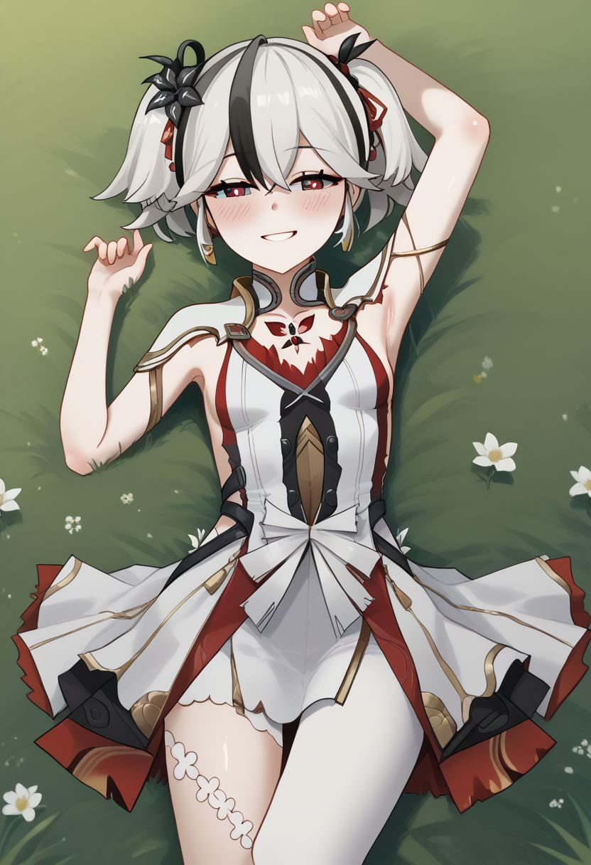 1girl, solo, blush, black hair, hair ornament, dress, navel, short twintails, jewelry, flower, white hair, multicolored hair, small breasts, lying, on back, armpits, slate eyes, red pupils, diamond-shaped pupils, submissive pose, Camellya, tacet mark \(wuthering waves\), laying in grass, smile