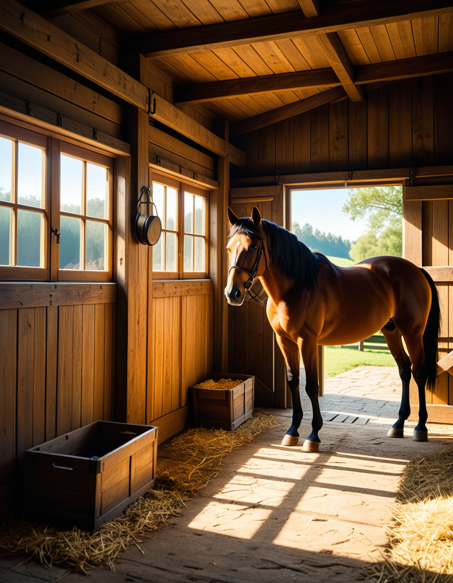 A rustic horse stable in the countryside, built with aged wooden beams and stone foundations, bathed in warm golden sunlight. The stable doors are slightly open, revealing the soft hay-covered floor inside. Horses stand calmly in their stalls, their glossy coats catching the light. Dust particles float in the air, illuminated by the sunbeams filtering through the gaps in the wooden planks. The atmosphere is serene, with a vintage, timeless feel. Weathered saddles and bridles hang neatly on the stable walls, and an old wooden cart sits nearby. The background features rolling green fields and a clear blue sky, creating a peaceful rural setting. Ultra-detailed, photorealistic, warm tones, cinematic lighting, sharp textures.
<lora:SDXLFaeTastic2400:0.4> <lora:extremely_detailed:0.4> extremely detailed,<lora:rustic_horse_st4bl3:1>,rustic horse st4bl3, Masterpiece,best quality,hi res,8k,hi res,8k,award winning,(sharp focus, intricate, highly detailed),