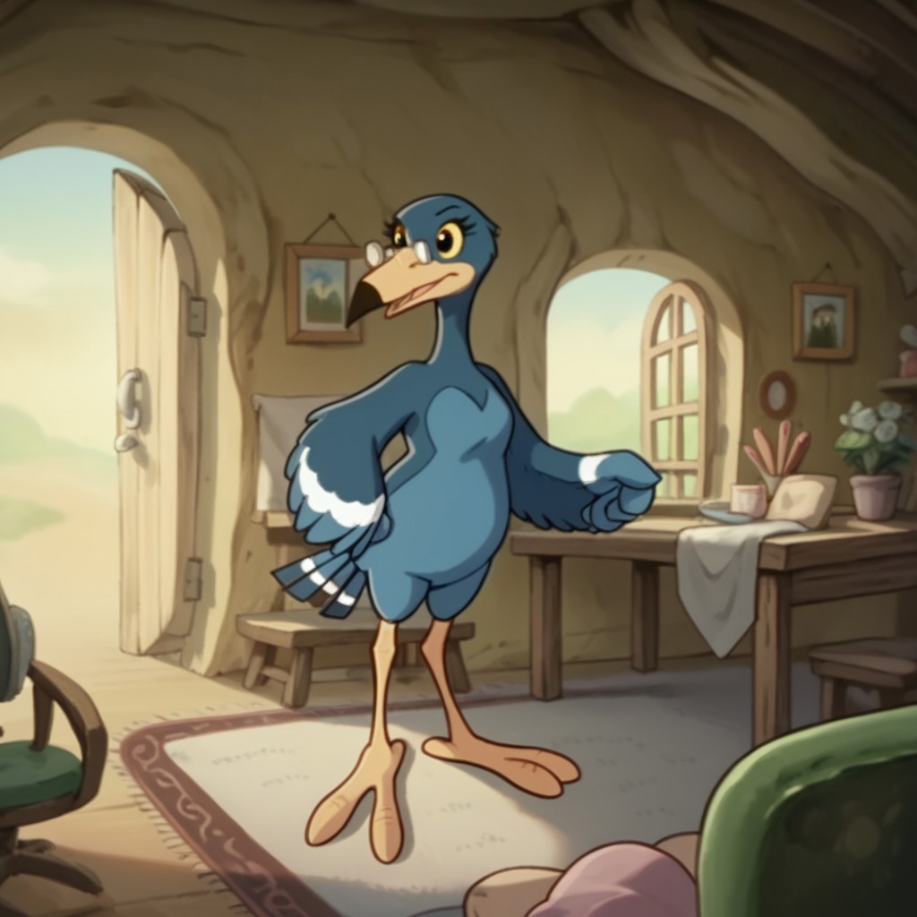 score_9, score_8_up, score_7_up, score_6_up, score_5_up, score_4_up, source_furry, Magpiebbv2, semi-anthro, female, bird, blue feathers, yellow beak,  glasses, black eyes, yellow sclera, standing, inside, cleaning