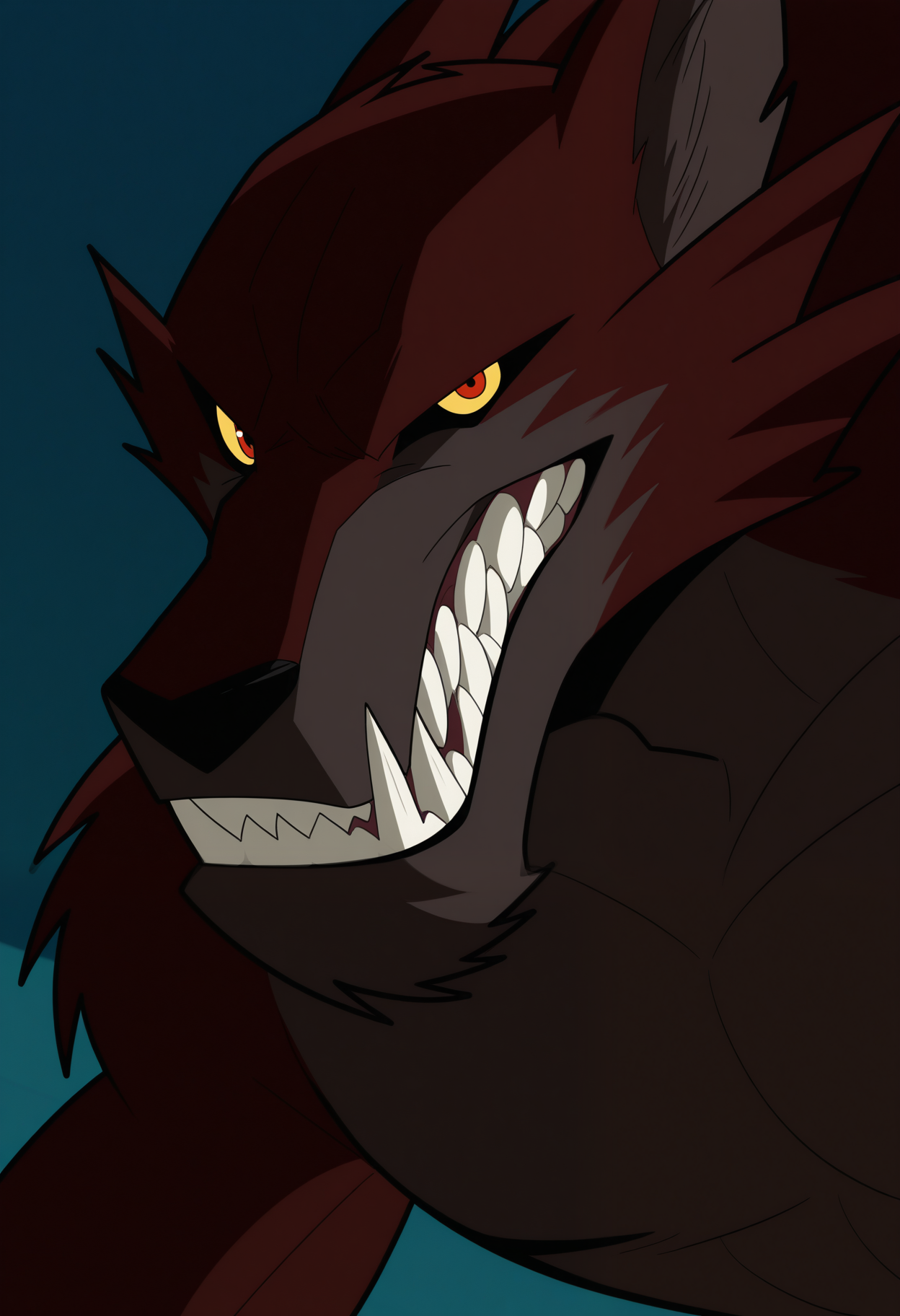 masterpiece,best quality,amazing quality, 1boy, solo, f0xb&b, werewolf, orange fur, colored sclera, red eyes, close up, side angle, smirk, looking at viewer,