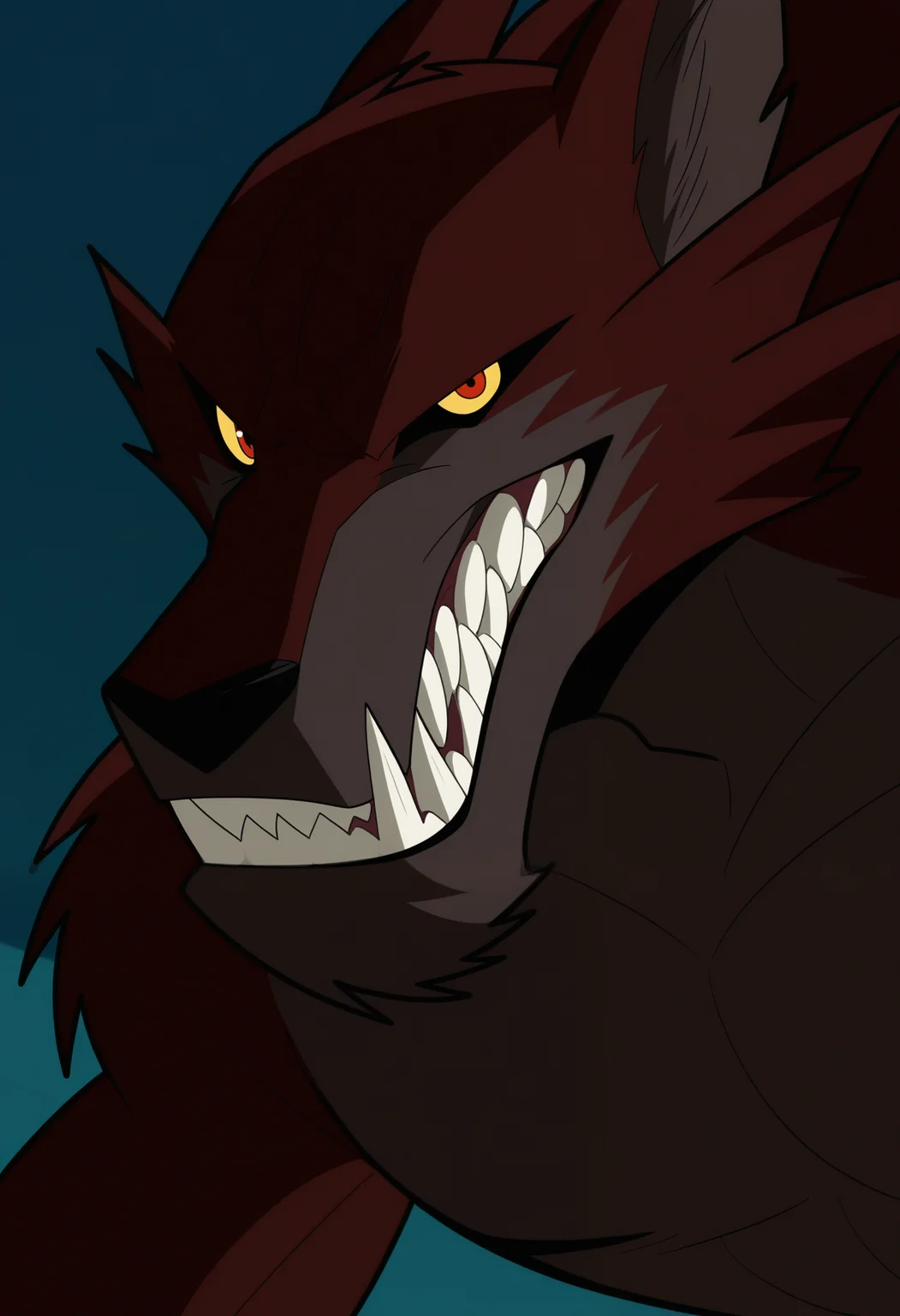 masterpiece,best quality,amazing quality, 1boy, solo, f0xb&b, werewolf, orange fur, colored sclera, red eyes, close up, side angle, smirk, looking at viewer,