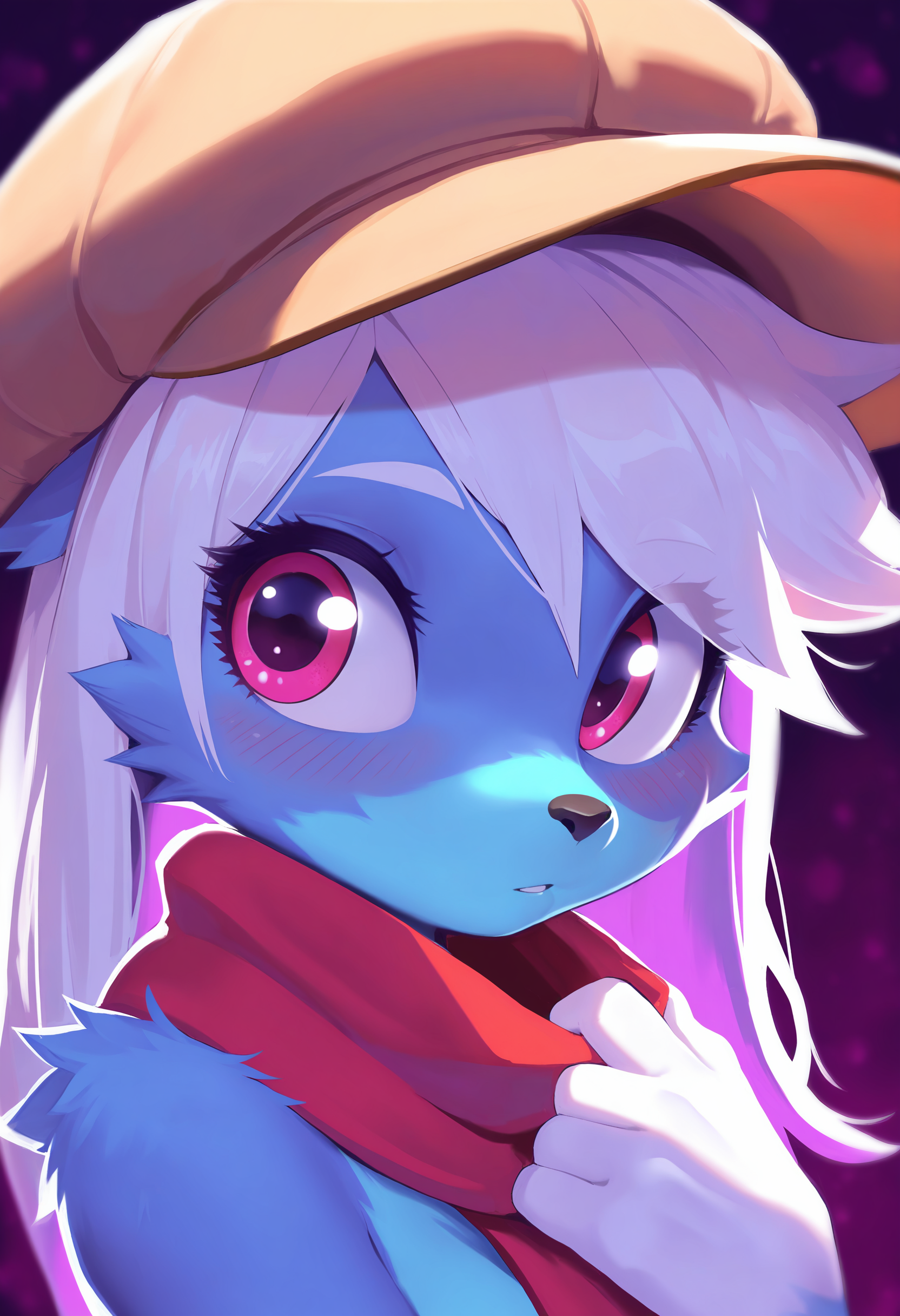 masterpiece, 1girl, furry , blue fur, white hair, big eyes, red scarf, brown hat, seductive gaze, blush, starry purple background
<lora:Maid Magic_Furry-V1:0.7>