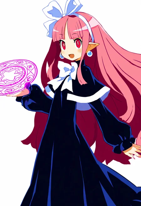 masterpiece, best quality, 1girl, solo, eyelashes, (beautiful eyes),   Red Mage, 1girl, solo, long hair, smile, open mouth, simple background, long sleeves, dress, bow, ribbon, jewelry, very long hair, pink hair, hairband, earrings, pointy ears, black footwear, black dress, capelet, black capelet, magic, magic circle, cowboy shot, smile, looking at viewer, ,  ,<lora:HaradaTakehito_NAI:1.0>,