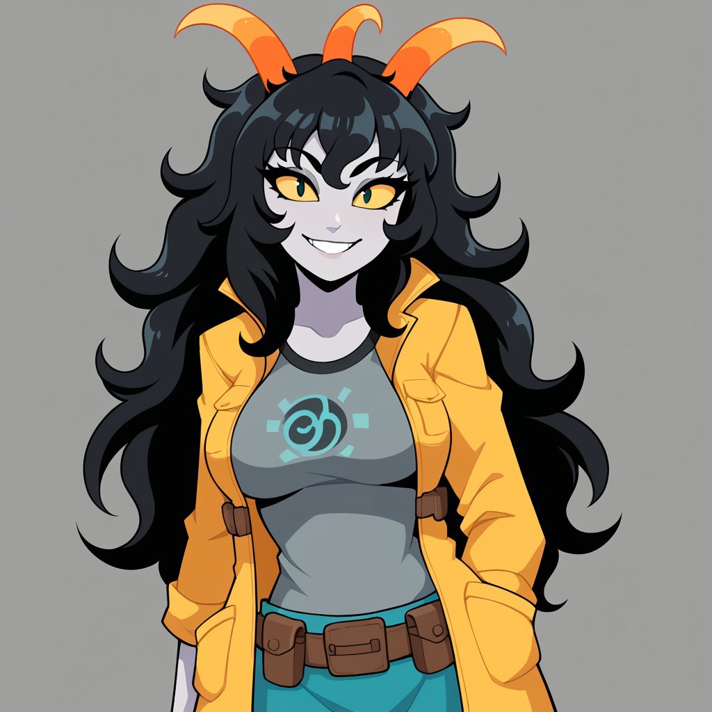 score_9, score_8_up, 
BREAK, 
serpaz, yellow sclera, solo, colored sclera, black hair, 1girl, grey skin, three horns, smile, shirt, pouch, long hair, colored skin, belt pouch, belt, looking at viewer, coat, breasts,