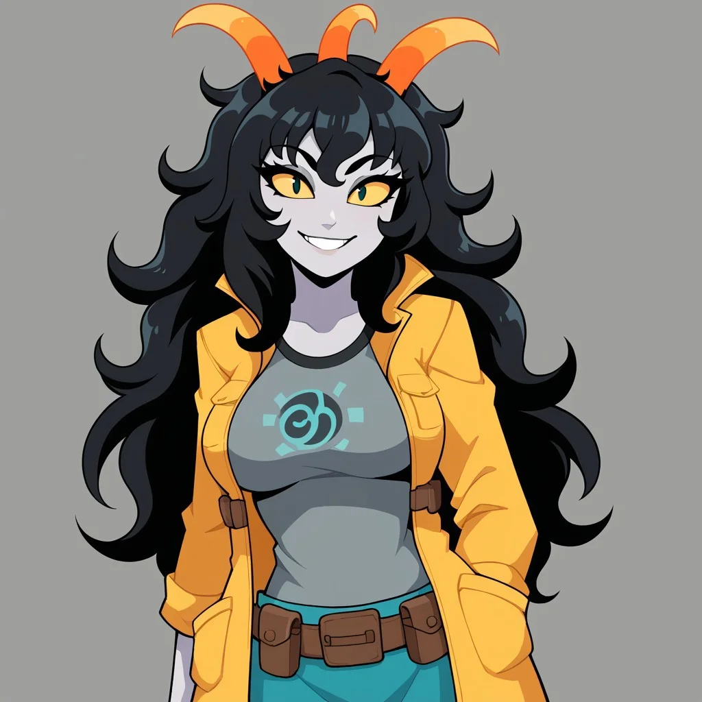 score_9, score_8_up,
BREAK,
serpaz, yellow sclera, solo, colored sclera, black hair, 1girl, grey skin, three horns, smile, shirt, pouch, long hair, colored skin, belt pouch, belt, looking at viewer, coat, breasts,