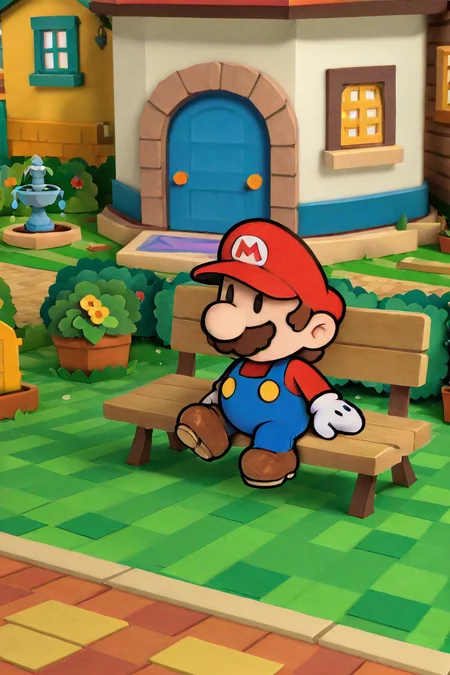 (((stkrstar:1))), highres, high quality, 1boy, male focus, facial hair, overalls, hat, mustache, gloves, red headwear, brown footwear, shirt, white gloves, brown hair, solo, blue overalls, red shirt, house, outdoors, shoes, long sleeves, grass, bushes, mario, fence, window, door, town, house, sitting, sitting on bench, relaxing, fountain