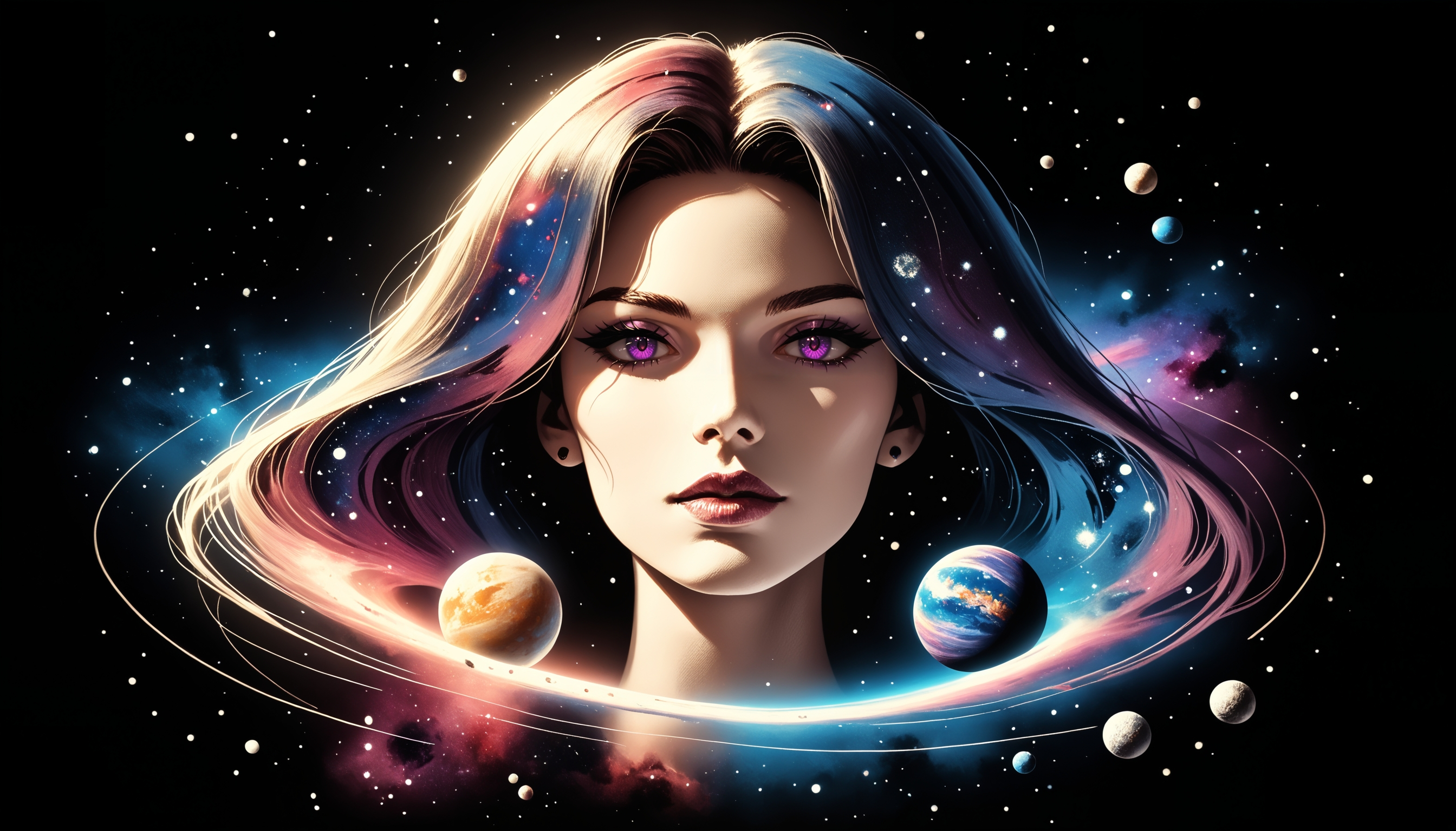 painting the universe, galaxies, planets, singularities, cosmos, content, (dark space :1), (flat lighting, flat color, flat design), spot color, film grain, local color adaption, neon, pearlescent, masterpiece, best quality, amazing quality, very aesthetic, galaxy  <lora:galaxyXLP:.5>  <lora:Far_Future_Sketch_Illustrious__Pony:1>