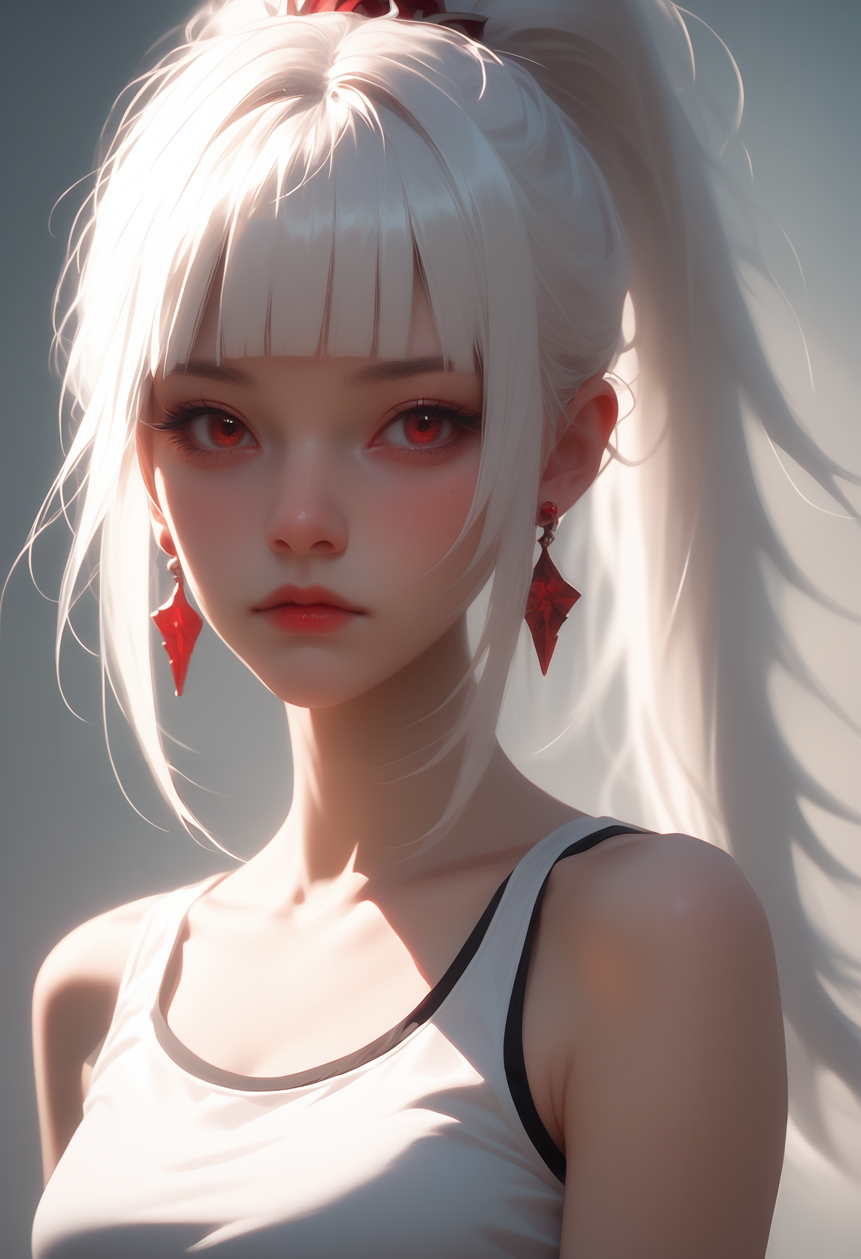 score_9, score_8_up, score_7_up, rating_safe,
1girl, solo, white tank top, ruby earrings,
<lora:Dark_Sayuki_Pony_v0.1:0.5> d4rks4yuk1, white hair, hime cut, ponytail,