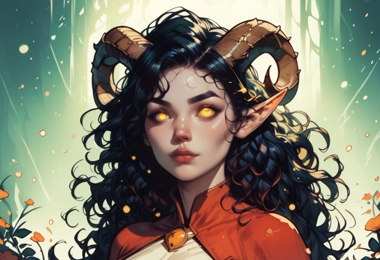 (score_9, score_8_up, score_7_up, score_6_up, 1girl, solo, embedding:zPDXL), Nemesis: A wavering mist takes form, elongating into dark tendrils. Her hair flows like an inky black hair, her eyes a swirling bright red. Her form is that of a beautiful woman, hourglass figure, long wavy hair, (elf with sheep horns), (in the abyss),skyaboveme,by pistachiocream,light rays,lens flare,light particles,beautiful color, detailed, amazing quality,d3t41l3d,commix style