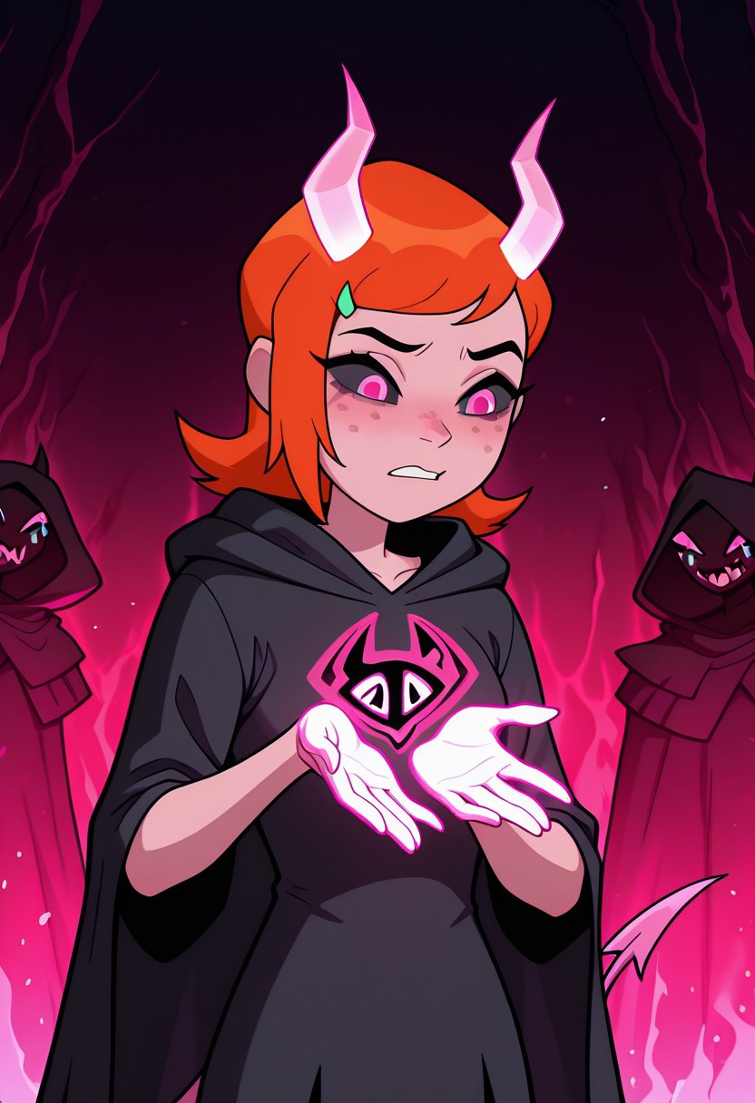 ((screencap, cartoon)) , masterpiece, best quality, amazing quality, very aesthetic, absurdres, newest,
gwenov, orange hair, 1girl,  freckles, 
cloak, black cloak, pink tears, demon eyes, pink pupils, black sclera, hood, cult, pink demon horns, glowing hands, translucent horns, demon tail, pink tail, translucent tail,