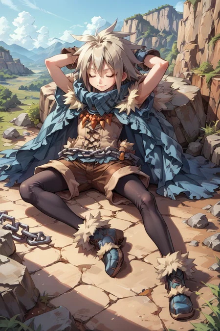 (score_9, score_8_up, score_7_up, score_6_up), source anime, BREAK, solo, <lora:Milanor:0.7> , miladef, 1boy, grey hair, spiked hair, closed eyes, fur trim, blue cloak, gloves, corset, chain belt, brown shorts, leggings under shorts, black leggings, blue footwear, exterior, outdoors, canyon, mountains, cliffs, valleys, wasteland, resting, on back, lazy, sleeping, full body, seductive, smile, closed mouth, <lora:cr33pp41ntXLP:0.3> , cr33pp41nt, hands behind head, <lora:zy_Detailed_Backgrounds_v1:0.5> , detailed background, highly detailed, <lora:backgroundsetXL:0.4> , background,