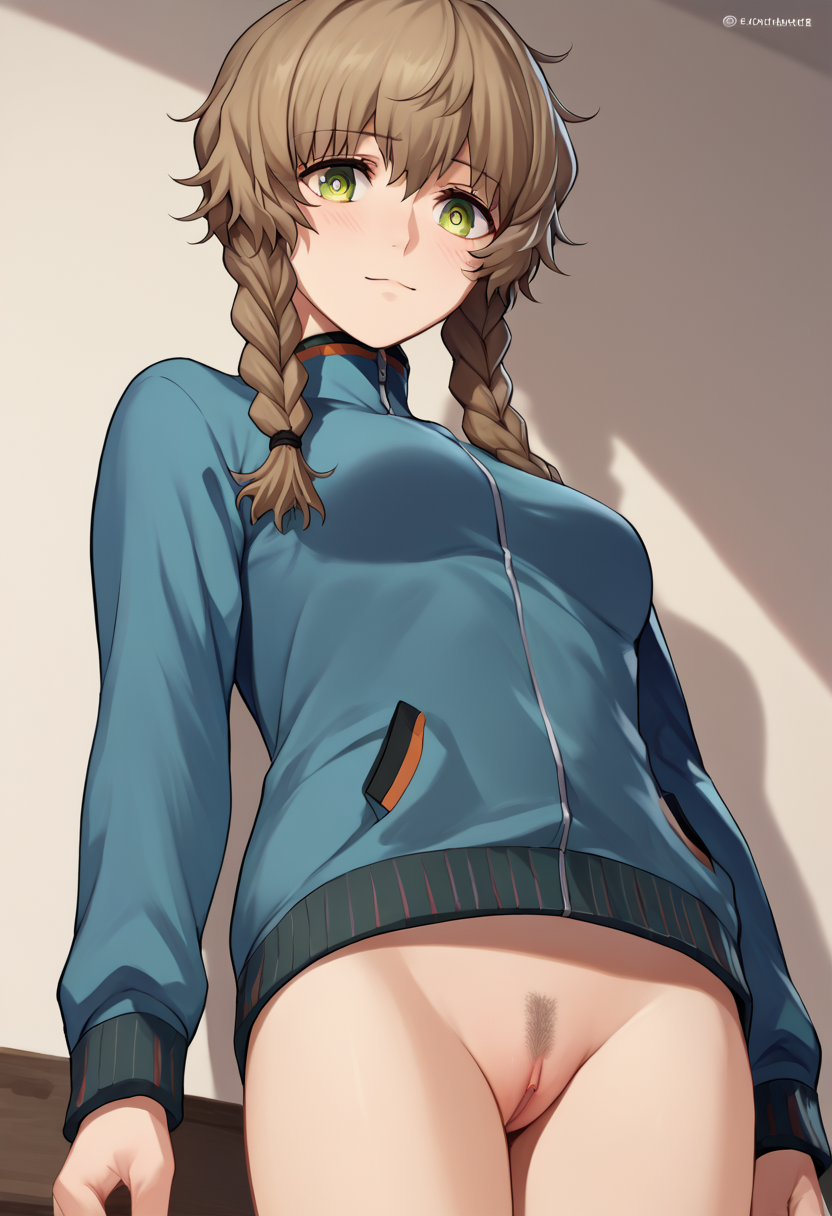 score_9, score_8_up, score_7_up, source_anime,  landing strip,  pubic hair,  1girl,     <lora:landingStripXL1-000008:1>  <lora:Amane Suzuha-000008:1> amane suzuha, short hair, twin braids, green eyes, brown hair, blue jacket,
