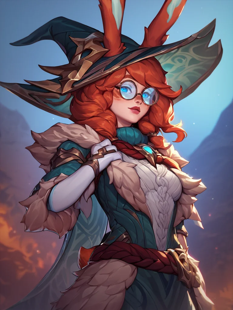 score_9, score_8_up, score_7_up, <lora:Aurora:1>, aurora (league of legends), 1girl, solo, rabbit ears, rabbit tail, alternate costume, witch hat, ears through headwear, white gloves, fingerless gloves, round eyewear, outdoors