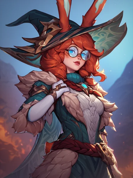 score_9, score_8_up, score_7_up, <lora:Aurora:1>, aurora (league of legends), 1girl, solo, rabbit ears, rabbit tail, alternate costume, witch hat, ears through headwear, white gloves, fingerless gloves, round eyewear, outdoors