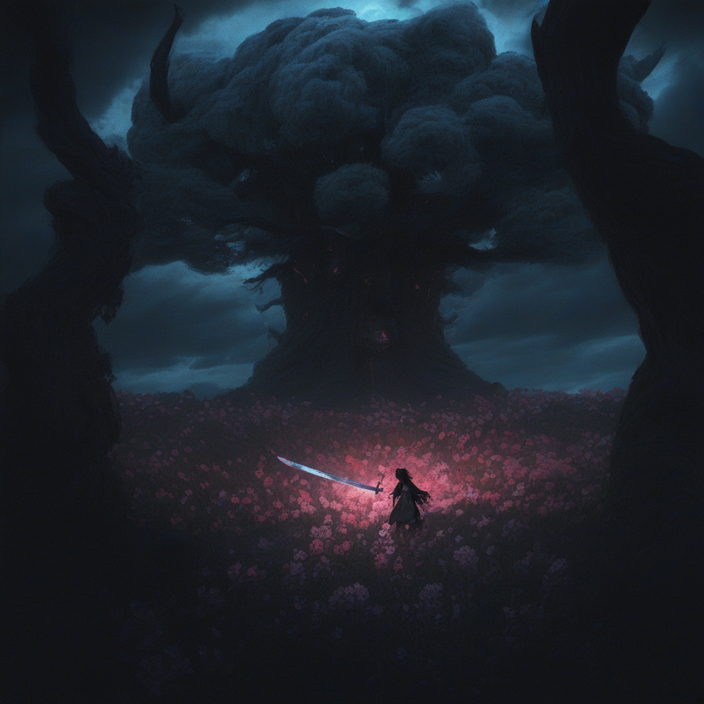 cloud, tree, no humans, sharp teeth, outdoors, oil paint, black hair, Anaf, glowing, weapon, glowing eyes, coat, battle, glowing sword, antlers, flower