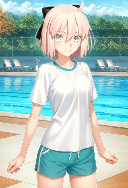 masterpiece, best quality, absurdres, detailed skin, detailed eyes, detailed face, anime colored, anime screencap, anime colored,
<lora:Okita_Souji:1>, okita souji, t-shirt, shorts, looking at viewer, smile,
cowboy shot,
outdoors, pool,