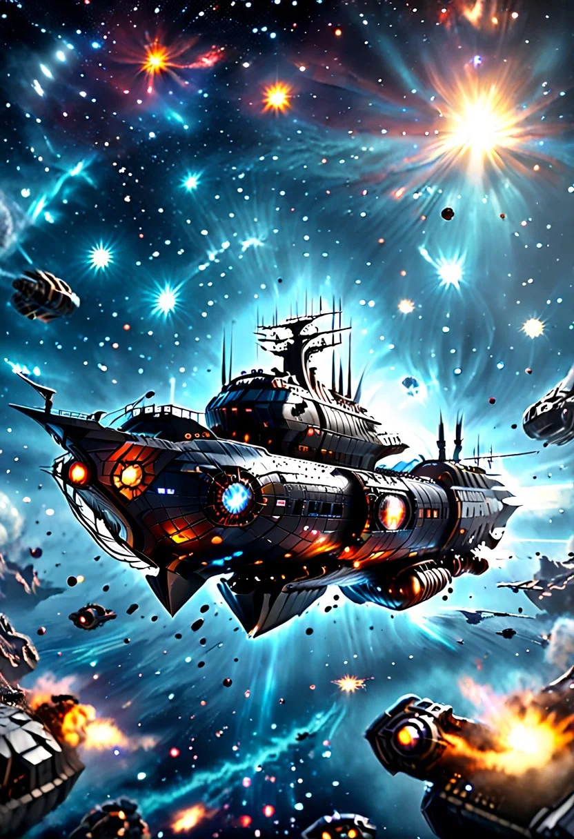 high quality, 8K Ultra HD, highly realistic, The great and sleek black ship is moving forward, blasting through space. It has powerful cannons facing forward that are unleashing powerful blue neutron beams upon an unseen foe. Embark on an enchanting 8K photorealistic journey as a magnificent starship blasts through a star system.  The ship gracefully flies among other ships. The starship's design boasts advanced technological elements. The camera captures every minute detail, by VelvetS, octane render,from slightly to the side.  perfectly symmetrical ship.  Weapons fire blue energy beams, 
<lora:DonM3t3rn1tyXL-v1.1:0.7>, DonM3t3rn1tyXL,
OverallDetailXL  <lora:MJ52:0.3>  <lora:SDXLFaeTastic2400:0.4>