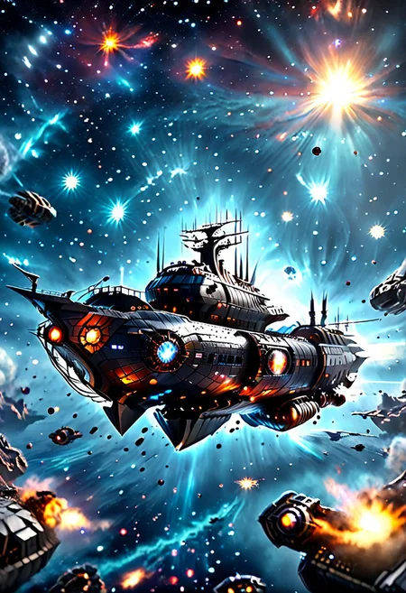 high quality, 8K Ultra HD, highly realistic, The great and sleek black ship is moving forward, blasting through space. It has powerful cannons facing forward that are unleashing powerful blue neutron beams upon an unseen foe. Embark on an enchanting 8K photorealistic journey as a magnificent starship blasts through a star system.  The ship gracefully flies among other ships. The starship's design boasts advanced technological elements. The camera captures every minute detail, by VelvetS, octane render,from slightly to the side.  perfectly symmetrical ship.  Weapons fire blue energy beams, 
<lora:DonM3t3rn1tyXL-v1.1:0.7>, DonM3t3rn1tyXL,
OverallDetailXL  <lora:MJ52:0.3>  <lora:SDXLFaeTastic2400:0.4>