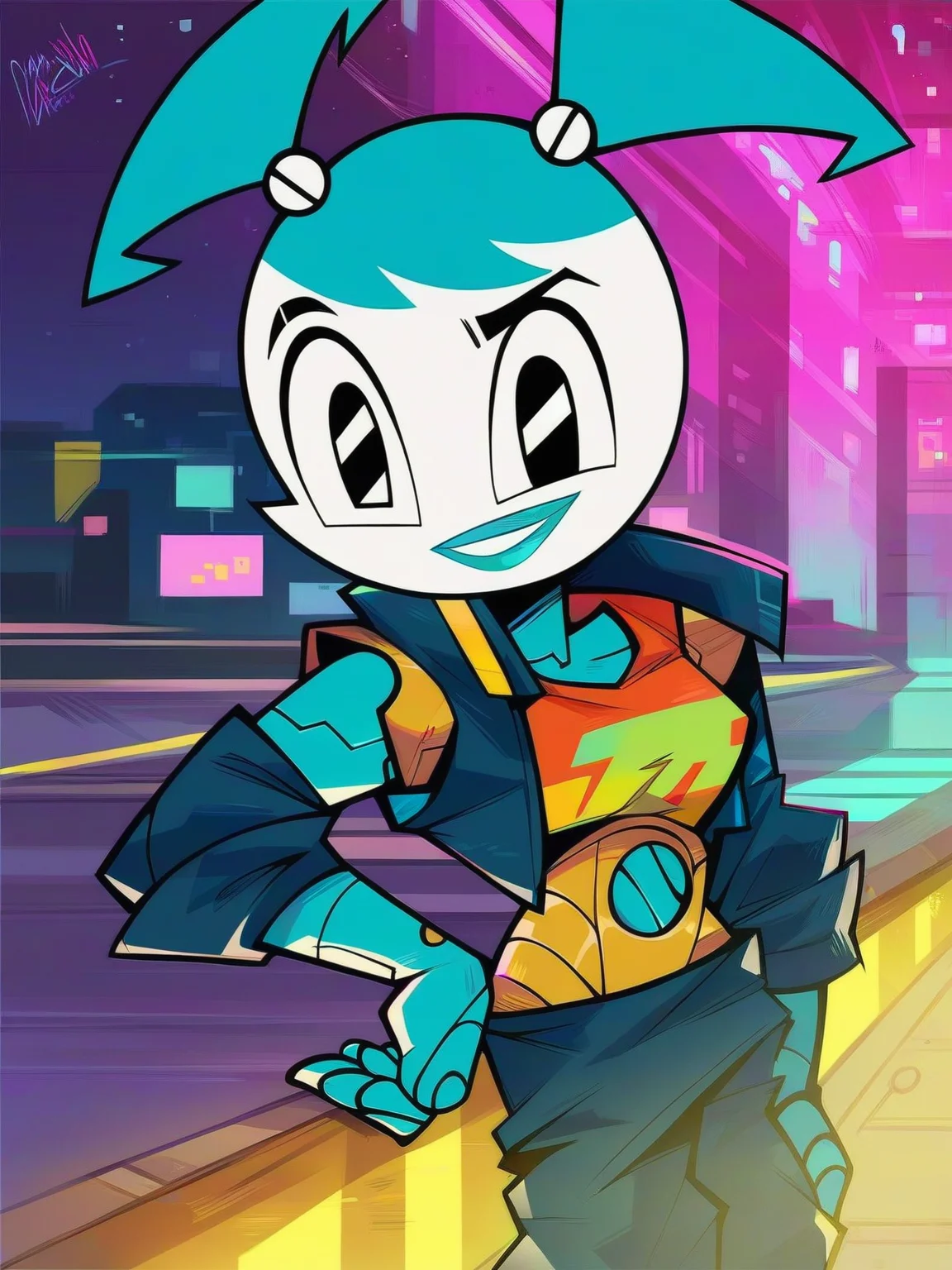 <lora:XJ-9:0.6>, x_j_9, 1girl, robot, blue hair, black eyes, cyberpunk outfit, neon, night city background,, score_9, score_8_up, score_7_up,