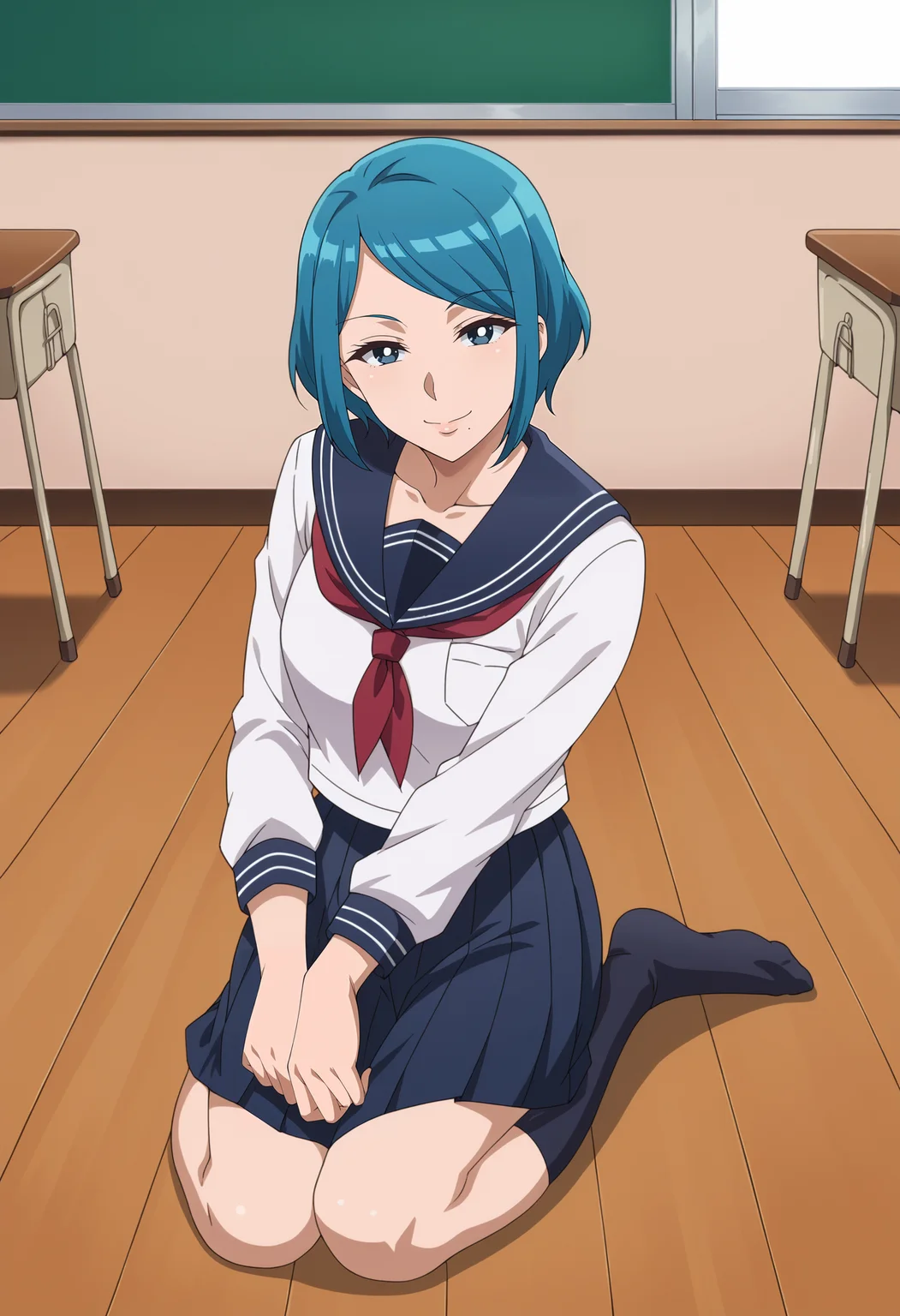 <lora:Medhimama-Tsuujou_Kougeki_ga_Zentai_Kougeki_de_Ni-kai_Kougeki_no_Okaasan_wa_Suki_desu_ka_r1:0.9>,Medhimama,mature female,1girl,solo,blue hair,short hair,blue eyes,mole under mouth,serafuku,school uniform,skirt,socks,looking at viewer, smile,indoors