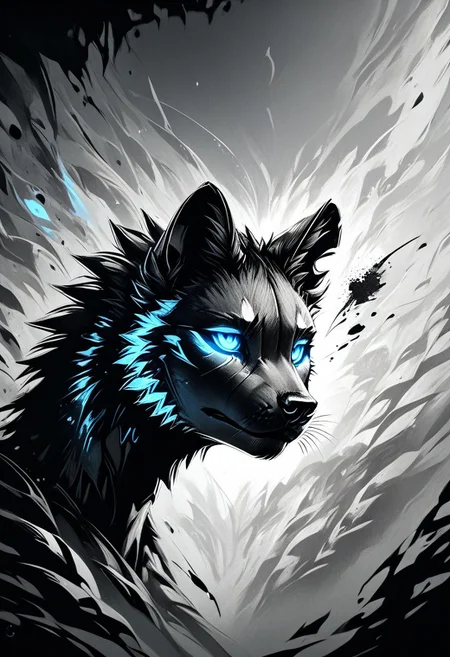 score_9, score_8_up, score_7_up, score_6_up, score_5_up, score_4_up, (solo), (fluffy:0.8), (feral), outline, white mask, teeth, glowing eyes, white horns, (hollowfication), outdoors, furry, (((hyena))), glowing purple eyes, grey fur, black ears, claws, (red glowing magical staff), in the style of Beatrix Potter, cel-shading, monochromemuse, monochrome, greyscale, ink splatter, linquivera, forest, dramatic angle, (head focus, head shot, close up:1.5), cartoon, detailed background