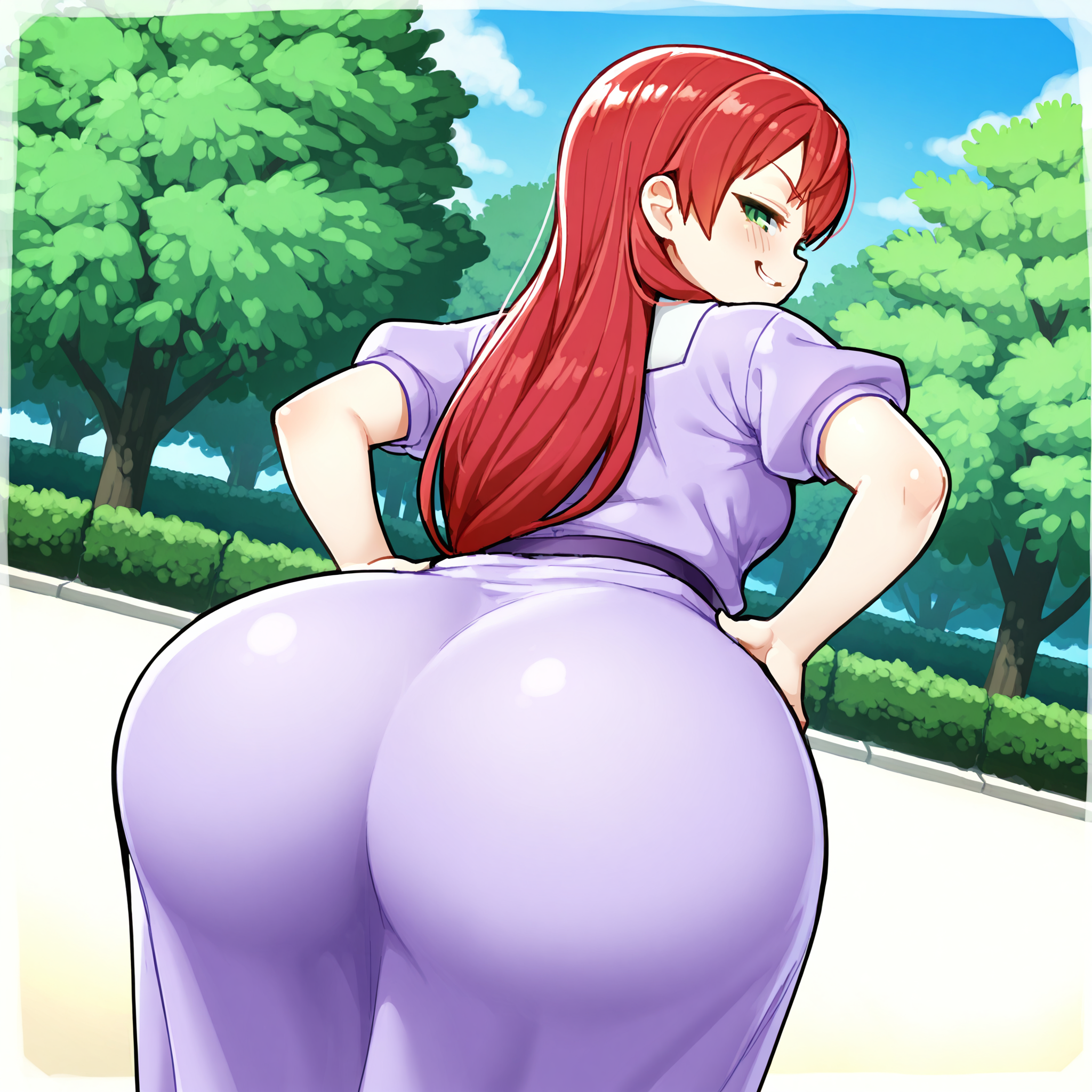 (masterpiece), best quality, (highly detailed), 1female, solo, <lora:Ichika_style_Illustrious:0.8>, park, purple dress, from behind, huge ass, hands on hips, red hair, long hair, green eyes, smug, looking back,