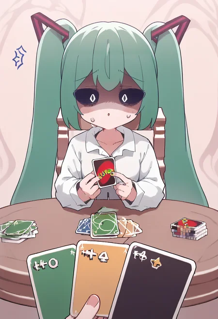 (score_9, score_8_up, score_7_up) BREAK source_anime, absurdres
1girl, twintails, green hair
sleeves past wrists, white shirt, collared shirt
shiny skin
looking at viewer, holding card, pov, playing card, table, surprised, !, shaded face, sweat
<lora:Smooth Anime Style LoRA XL:0.32> , <lora:Expressive_H:0.3> , <lora:princess_xl_v2:0.35>,  <lora:nunumiku.pony:1> nunumiku, aaa
<lora:ImminentUnoLossMeme_pdxl_Incrs_v1:0.45>,  <lora:D1zzysp3llsXLP:1>  d1zzysp3lls