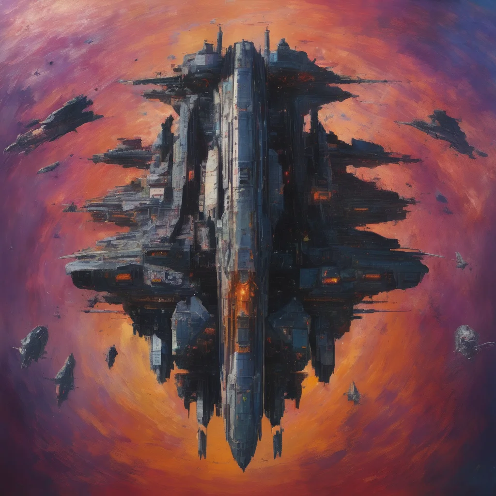 Massive capital ship adrift in deep space, its colossal, angular form dominating the scene, retro-futuristic design with sleek metallic surfaces and glowing energy cores, enormous hangar bays visible with various smaller starships maneuvering around it, some ships docking, others flying in formation, a variety of starship designs (sleek fighters, bulky cargo ships, elegant cruisers) reflecting bold neon colors (vibrant blues, oranges, purples, and greens), soft light from distant stars casting long shadows across the hull, painterly textures capturing the vastness of space, surrounding stars, and a distant nebula glowing faintly in the background, subtle motion from the starships creating a sense of dynamic energy, the scene evoking a mysterious, almost eerie calm as the capital ship floats, its engines inactive, high contrast between the dark void of space and the brightly lit ships, reminiscent of 1970s-1980s sci-fi cover art, with surreal, cinematic framing and vibrant colors