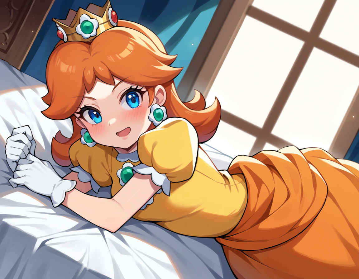 score_9, score_8_up, score_7_up, source_anime,
princessdaisy, <lora:princess-daisy-ponyxl-lora-nochekaiser:1>,
princess daisy, blue eyes, long hair, orange hair,
crown, daisy, dress, flower, gem, gloves, orange dress, puffy short sleeves, puffy sleeves, short sleeves, white gloves,
indoors, bed, bed room, on side, blush, drunk,
looking at viewer, cowboy shot, dutch angle,