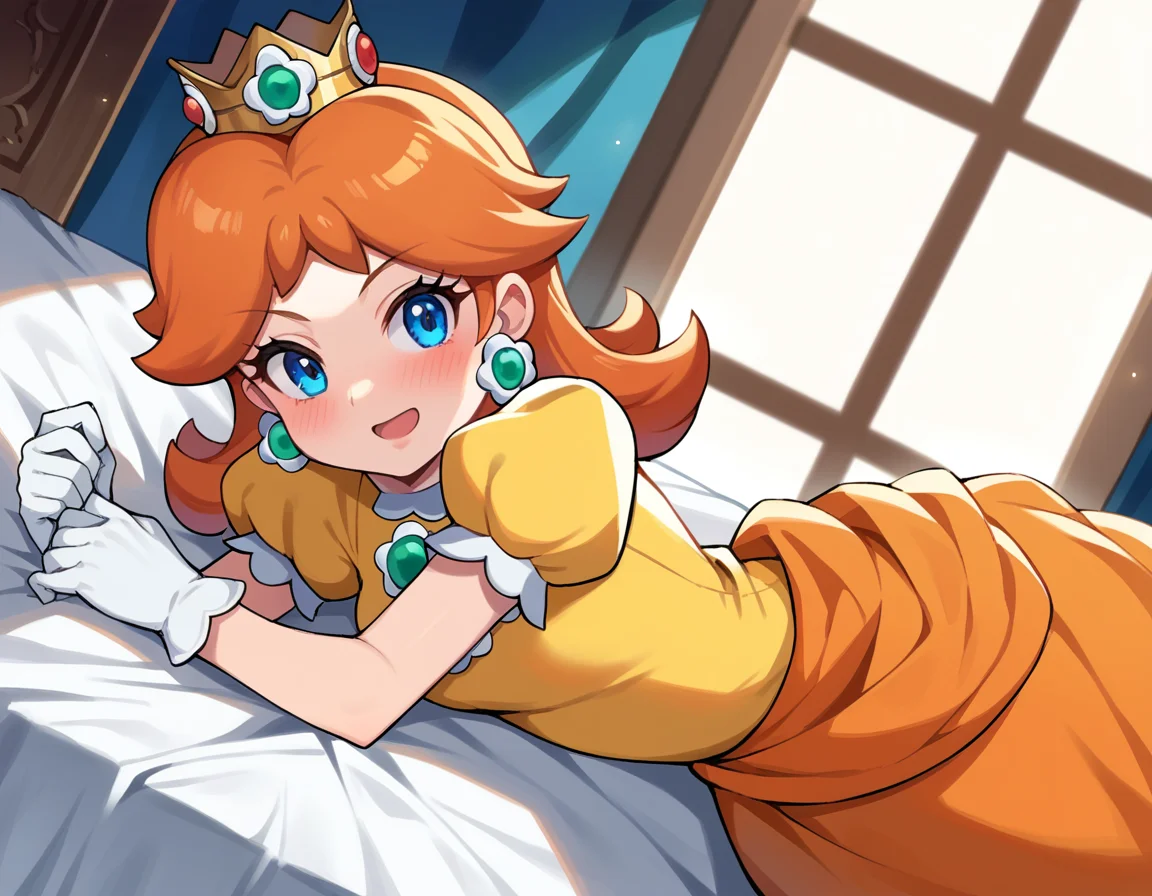 score_9, score_8_up, score_7_up, source_anime,
princessdaisy, <lora:princess-daisy-ponyxl-lora-nochekaiser:1>,
princess daisy, blue eyes, long hair, orange hair,
crown, daisy, dress, flower, gem, gloves, orange dress, puffy short sleeves, puffy sleeves, short sleeves, white gloves,
indoors, bed, bed room, on side, blush, drunk,
looking at viewer, cowboy shot, dutch angle,