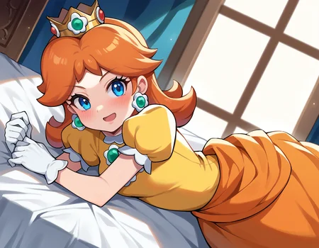 score_9, score_8_up, score_7_up, source_anime,
princessdaisy, <lora:princess-daisy-ponyxl-lora-nochekaiser:1>,
princess daisy, blue eyes, long hair, orange hair,
crown, daisy, dress, flower, gem, gloves, orange dress, puffy short sleeves, puffy sleeves, short sleeves, white gloves,
indoors, bed, bed room, on side, blush, drunk,
looking at viewer, cowboy shot, dutch angle,