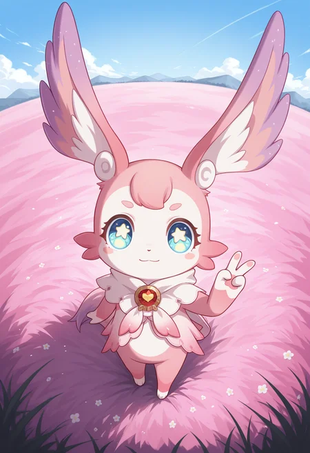 <lora:mimi_v1-000024:1>,
MIMI_HSR,blue eyes,solo,simple background,full body,pink fur,standing,smile,looking at viewer,star-shaped pupils,closed mouth,:3,white pupil,white_background,V,in a meadow,outdoors,from_above,looking up