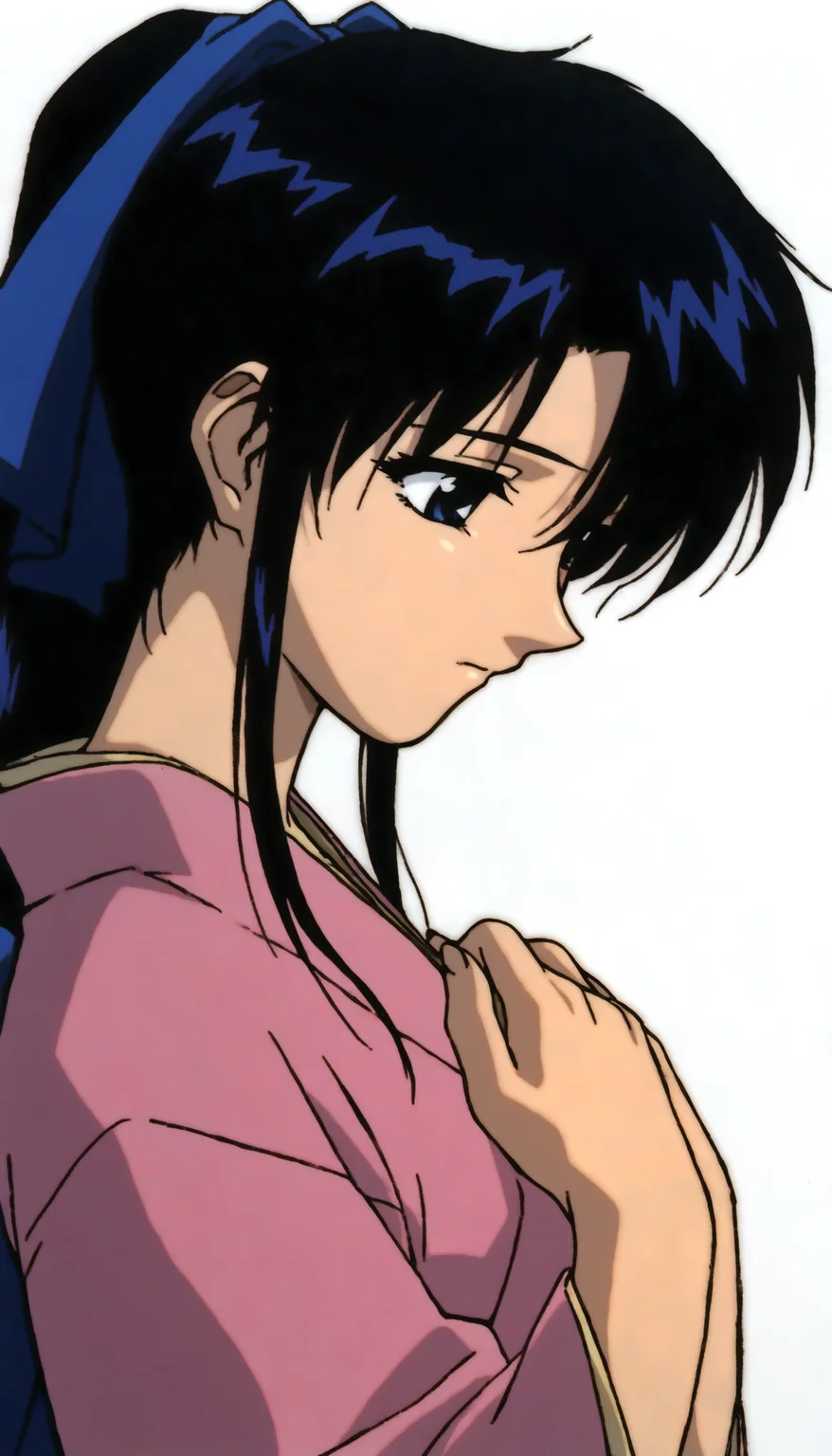 masterpiece,best quality,amazing quality,
<lora:kamiyakaoruNAI:1>,kamiyakaoru,
1girl,solo,black hair,bangs,ponytail,blue scrunchie,blue eyes,pink kimono,portrait,hands on own chest,looking down,flowing hair,