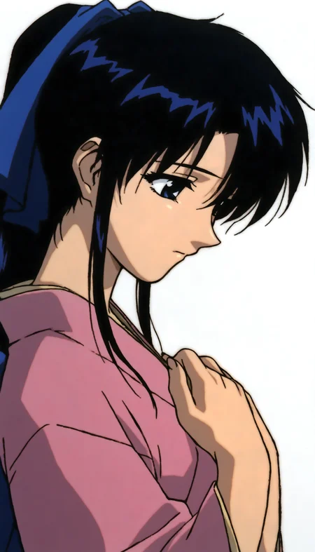 masterpiece,best quality,amazing quality,
<lora:kamiyakaoruNAI:1>,kamiyakaoru,
1girl,solo,black hair,bangs,ponytail,blue scrunchie,blue eyes,pink kimono,portrait,hands on own chest,looking down,flowing hair,