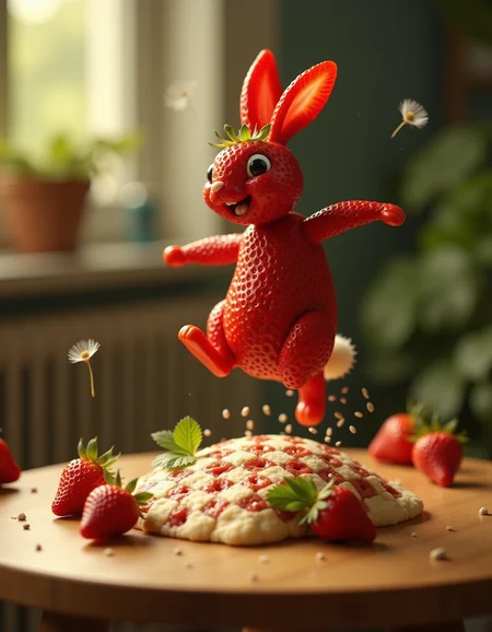 A cartoonish strawberry rabbit leaps mid-air, its body composed of exaggerated, oversized berries squished into a playful pose. The wooden table morphs into a checkerboard-patterned hill, surrounded by candy-cane-striped foliage and floating dandelion seeds. Cel-shaded lighting creates a soft, storybook glow, while the rabbitâs leafy tail flickers with motion blur. A faint golden aura outlines the sculpture, blending childlike charm with surreal humor. Tiny strawberry jam splatters add a tactile, whimsical texture.
_________
dramatic beauty, otherworldly quality, soft lighting, shallow depth of field, high detail, dynamic composition, cinematic shot, film grain, balanced shadows, harmonic colors, emotional depth, symbolic meaning, innovative props/costumes, timeless elegance, modern themes, iconic imagery, unforgettable moment, captivating beauty, stunning impact, thought-provoking, artistic vision, masterful execution.
<lora:cheats:0.4> <lora:NOOB_vp1_detailer_by_volnovik_v1:0.5>