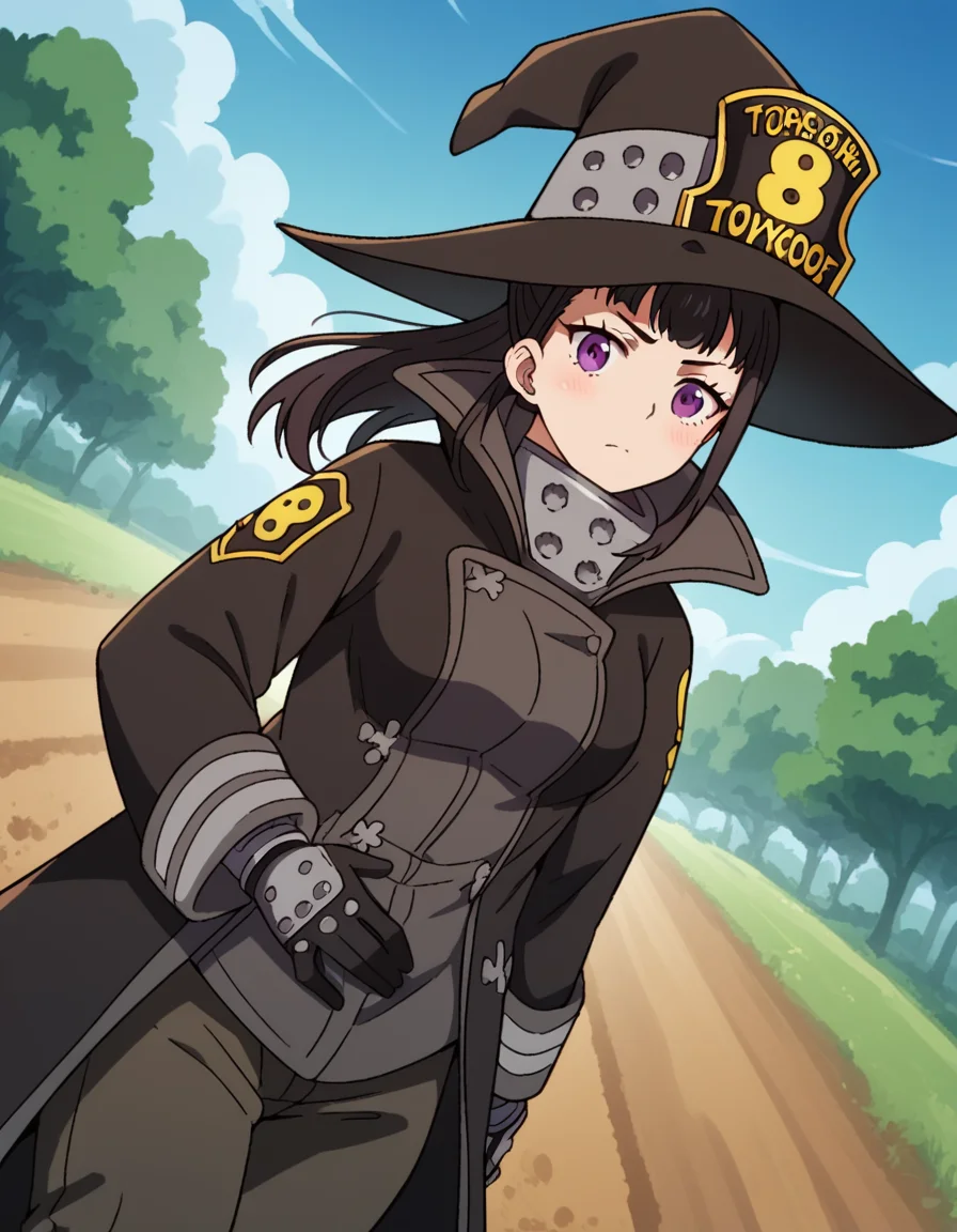 score_9, score_8_up, score_7_up, source_anime, <lora:maki-oze-s1s2-ponyxl-lora-nochekaiser:1>, maki oze, long hair, bangs, black hair, purple eyes, ponytail, medium breasts,, gloves, long sleeves, hat, black gloves, pants, coat, black headwear, witch hat, black coat, bike ride, countryside, dirt road, trees, afternoon sun, peaceful, alone, , hand on stomach, blush,, looking at viewer, solo,, dutch angle, cowboy shot