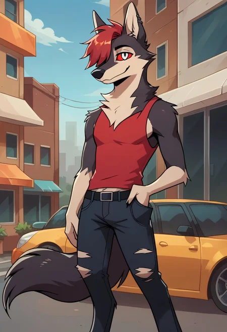 SCORE_9, SCORE_8_UP, SOURCE_FURRY, BREAK, SOLO, HOUNDSONA, SILVER EYES, RED SCLERA, MALE, FURRY, SLIM, TANK TOP, RIPPED JEANS, RED HAIR, HAIR OVER EYE, BLACK FUR, SHAGGY TAIL, BREAK, DARK STREET, HIGH RESOLUTION, VIVID TEXTURES, DETAILED PUPILS