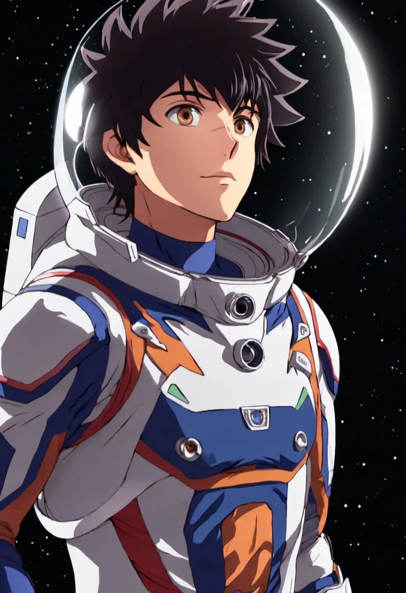 high resolution, solo, best quality, 1Boy, Kanata Hoshijima, Black hair, Brown Eyes, Space Suit, Space, Lost in Space, Astronaut,