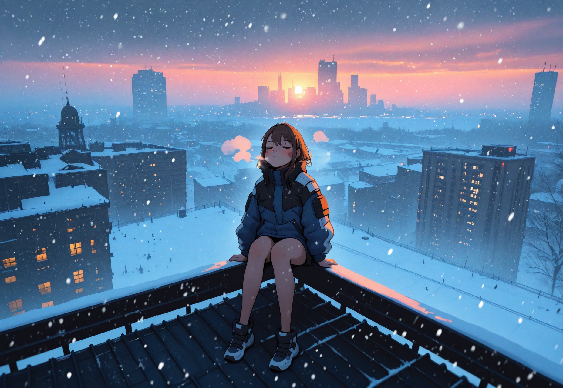1girl, anime style, sitting, steaming breath, winter tech jacket, rosy cheeks, rooftop sky park, twilight, cyberpunk skyline, NYC, dangling legs, hot coffee, glowing city lights, soft snowfall, snowing, snow flurries, soft holograms, stormy sky, fog, peaceful, cozy atmosphere, modern aesthetic, magical realism, makoto shinkai style, cinematic lighting, volumetric lighting, photo background, ultra-detailed, absurdres, highres, hdr, 8k, masterpiece, best quality, very aesthetic, newest, wide shot
BREAK, volumetric lighting, dappled light, light particles, , cinematic lighting, photo background,
easynegative, negative_hand,sykosanART , 748cmstyle